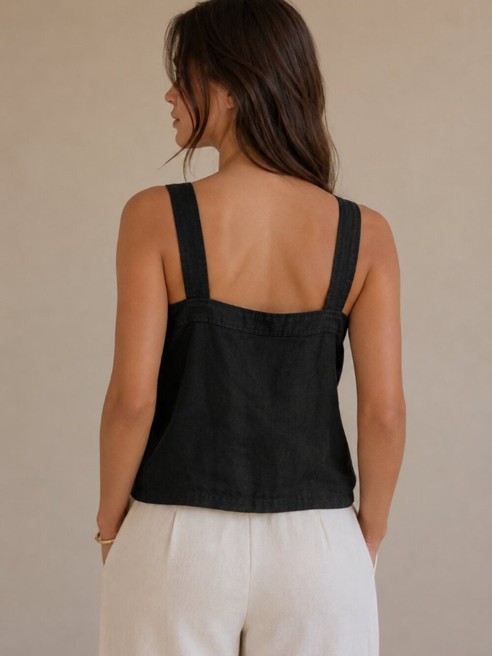 Everlane Black Linen Square Neck Button Front Tank Top Size 12 - Picture 2 of 7